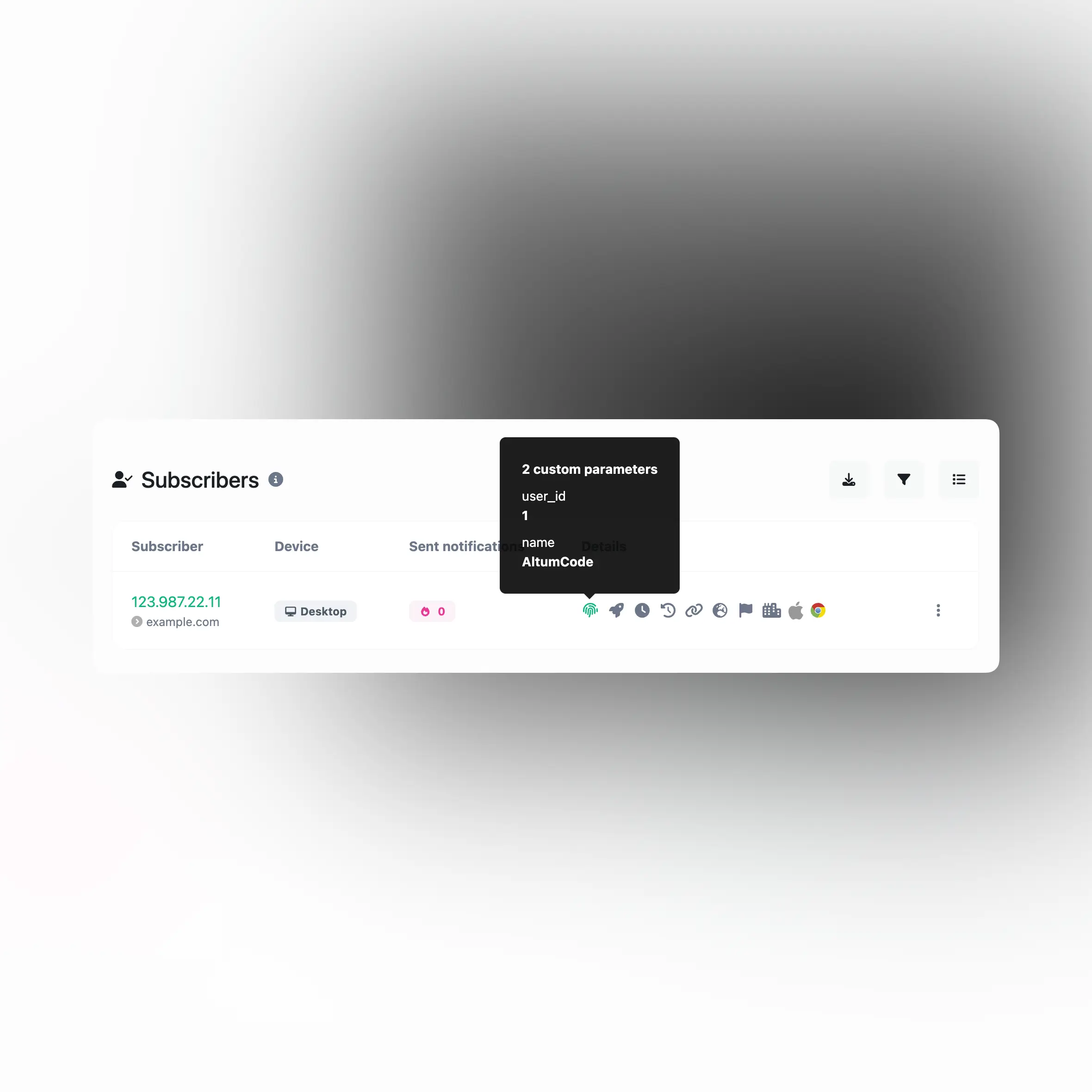 Captura de pantalla de la función de seguimiento de parámetros personalizados de suscriptores de la aplicación