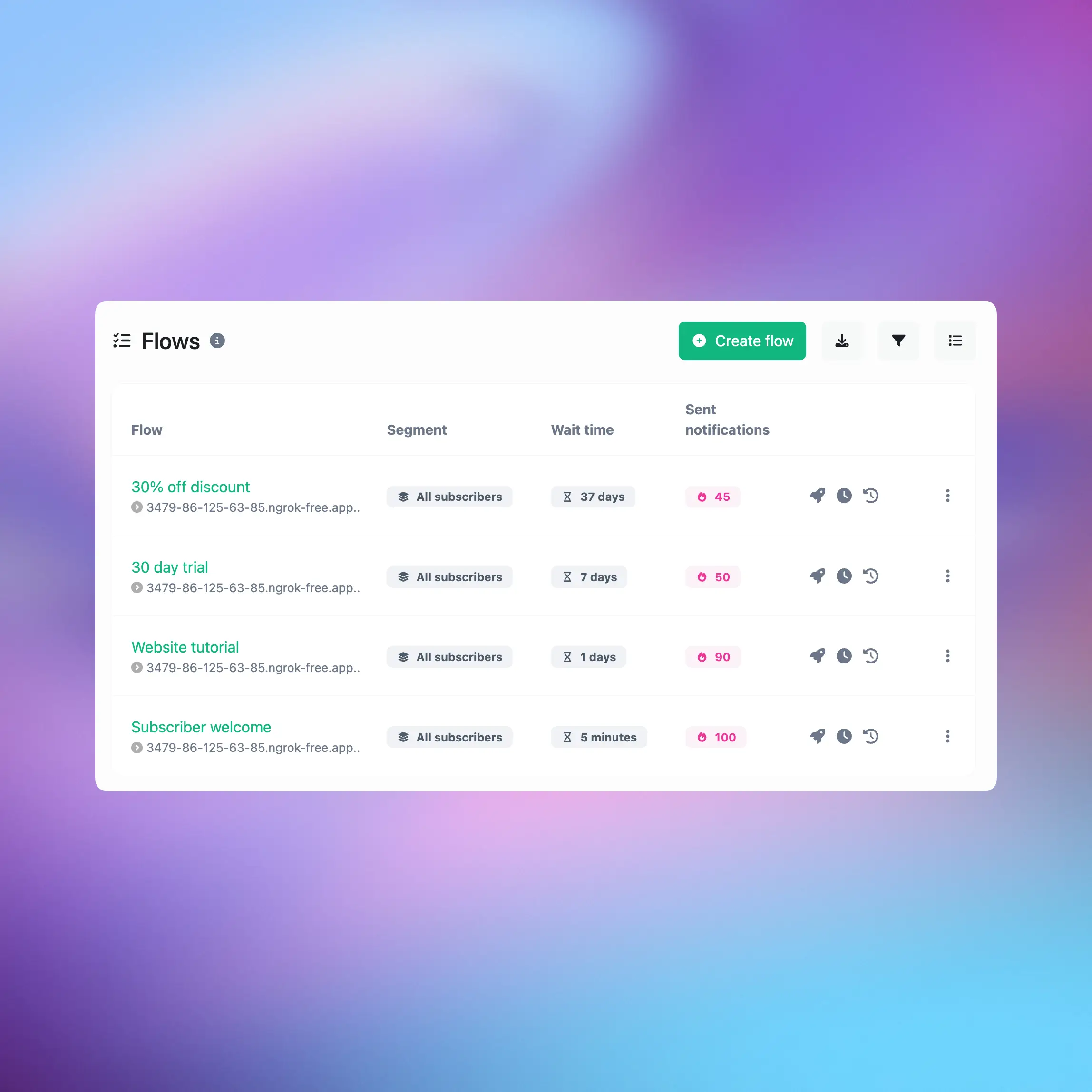 Captura de pantalla de la página de gestión de flujos de la aplicación
