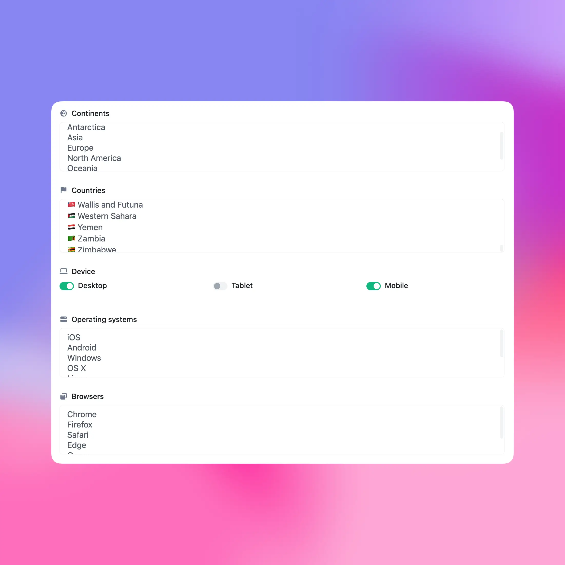 Captura de pantalla de la página de gestión y edición de segmentos de la aplicación